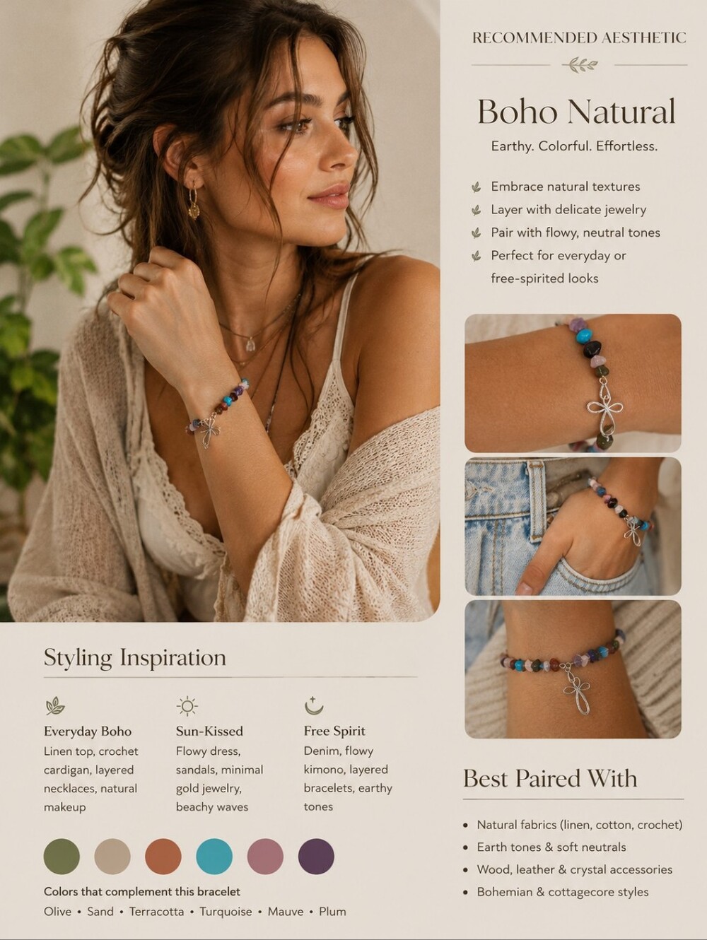 Colorful Natural Stone Chip Bracelet with Silver Tone Artistic Clasp